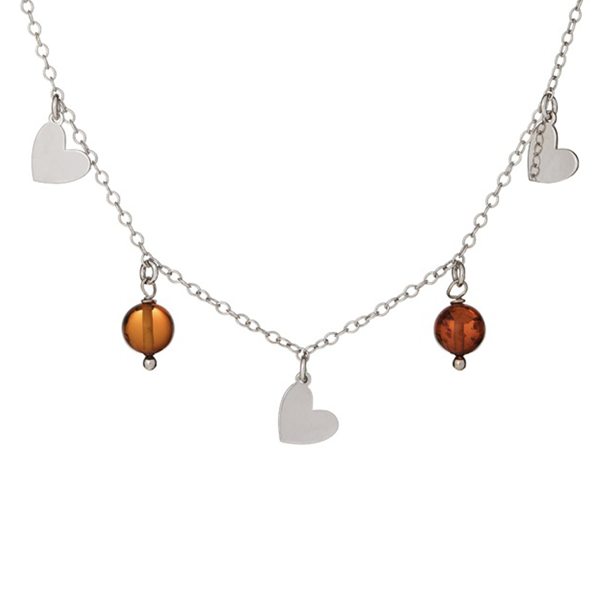 Collier argent artisanal \'Inspiration\' ambre cognac - coeurs 7 mm, perle 5 mm - [R5547]