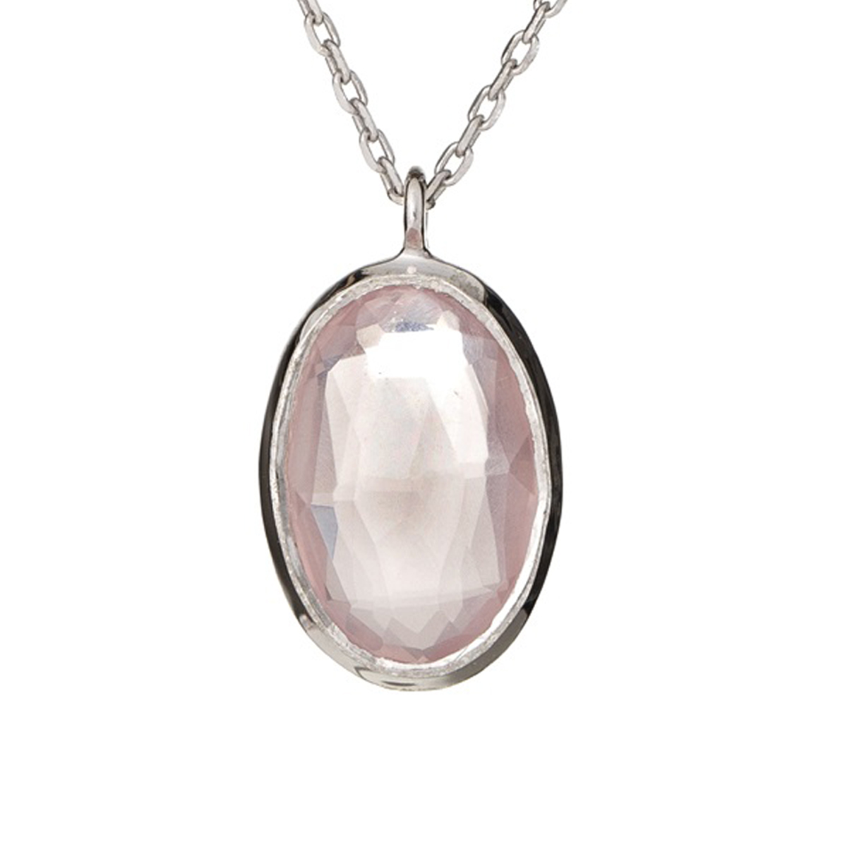 Collier Argent \'Meghan\' quartz rose argenté (rhodié) - 13x9 mm - [R5626]