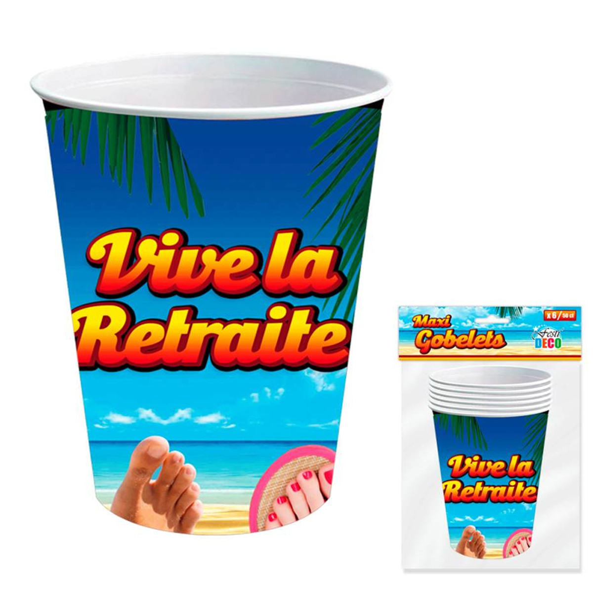 6 gobelets carton \'Vive la Retraite\' multicolore - 13x9 cm (50 cl) - [A0459]
