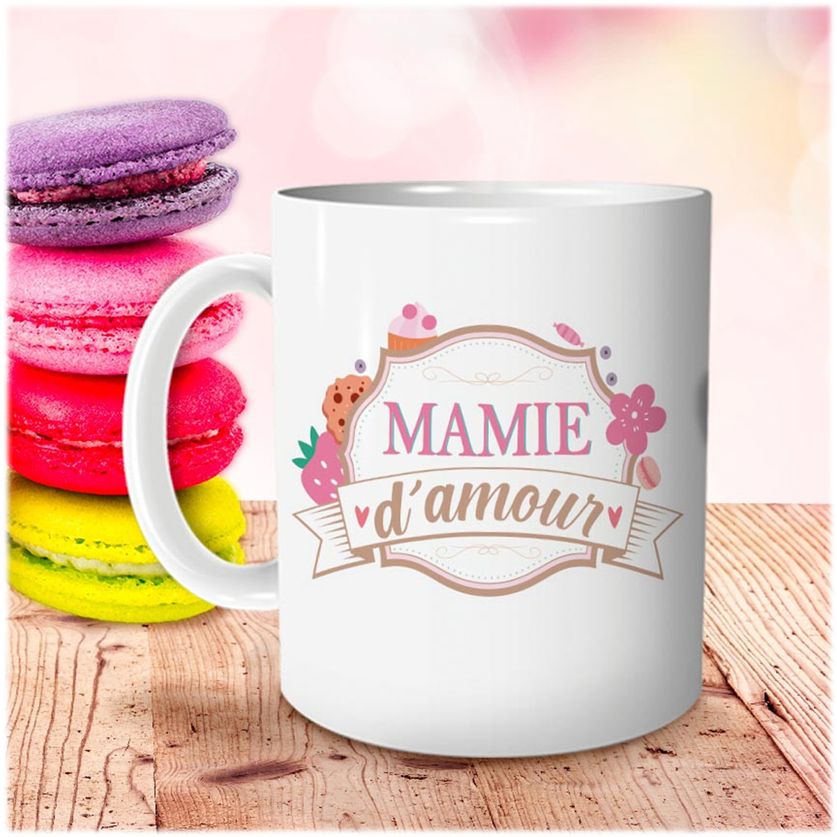 Mug tendresse \'Mamie d\'amour\' rose blanc - 95x80 mm - [A3431]