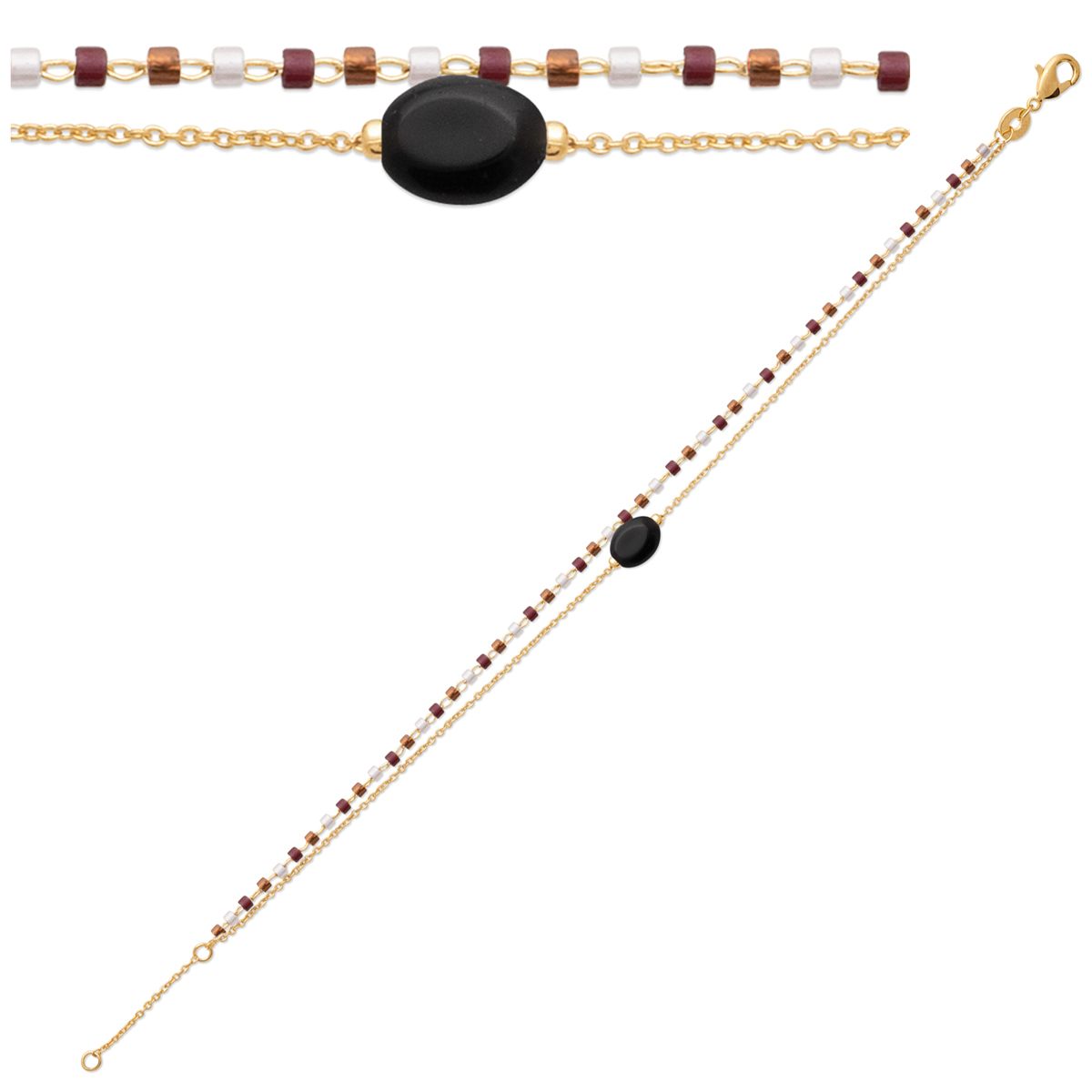 Bracelet Plaqué Or \'Boho\' agate noire doré (2 rangs) - 8x6 mm - [R1108]
