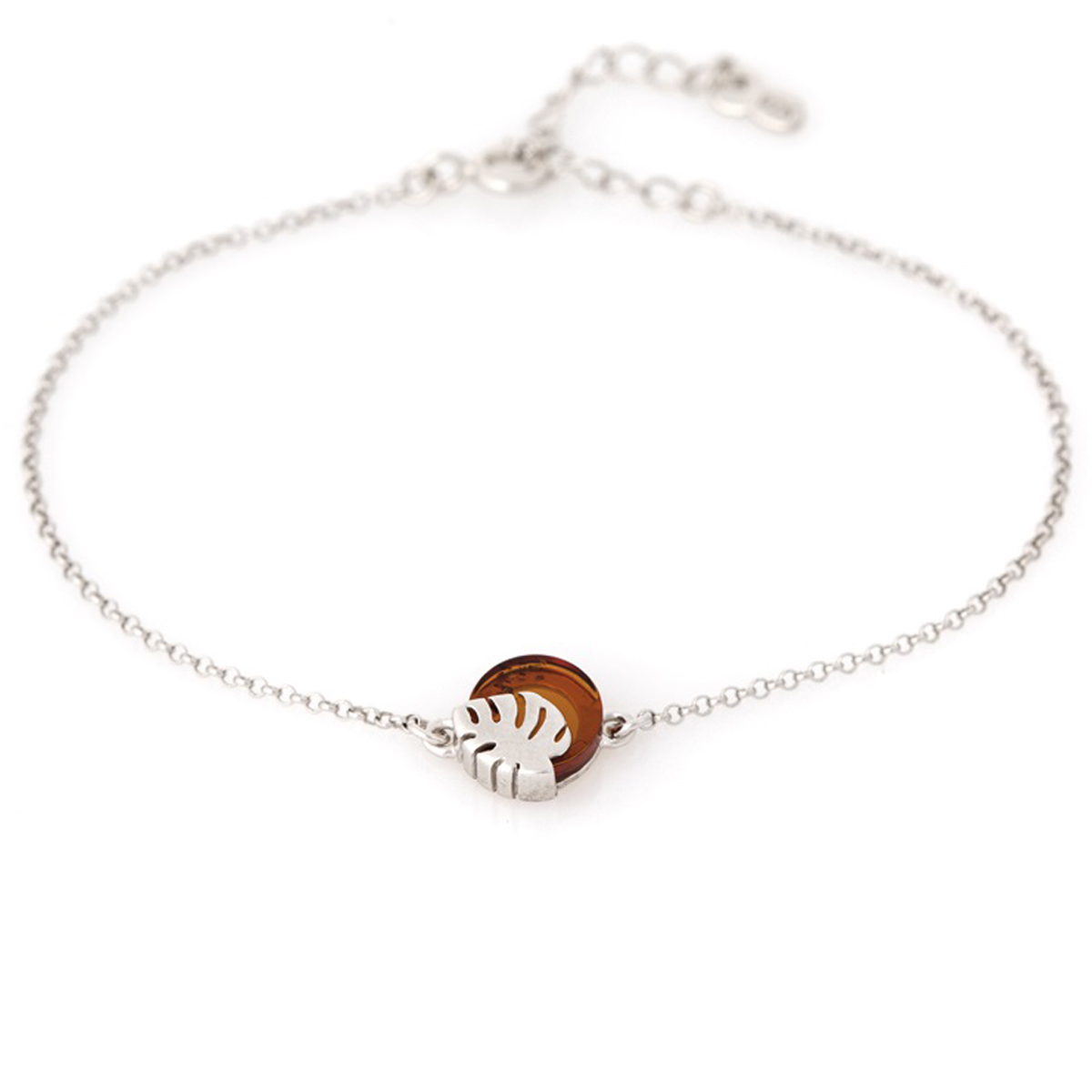 Bracelet Argent artisanal \'Inspiration\' ambre argenté (rhodié) - 9x9 mm (monstera) - [Z0190]