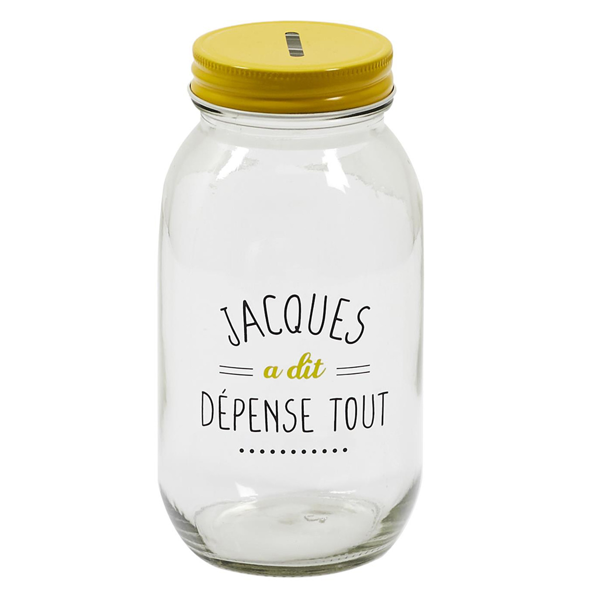 Tirelire mason jar verre \'Jacques a dit\' jaune (dépense tout) - 17x9 cm - [A3676]
