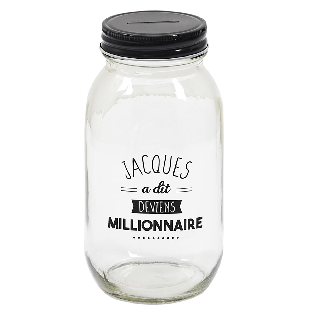 Tirelire mason jar verre \'Jacques a dit\' noir (deviens Millionnaire) - 17x9 cm - [A3677]