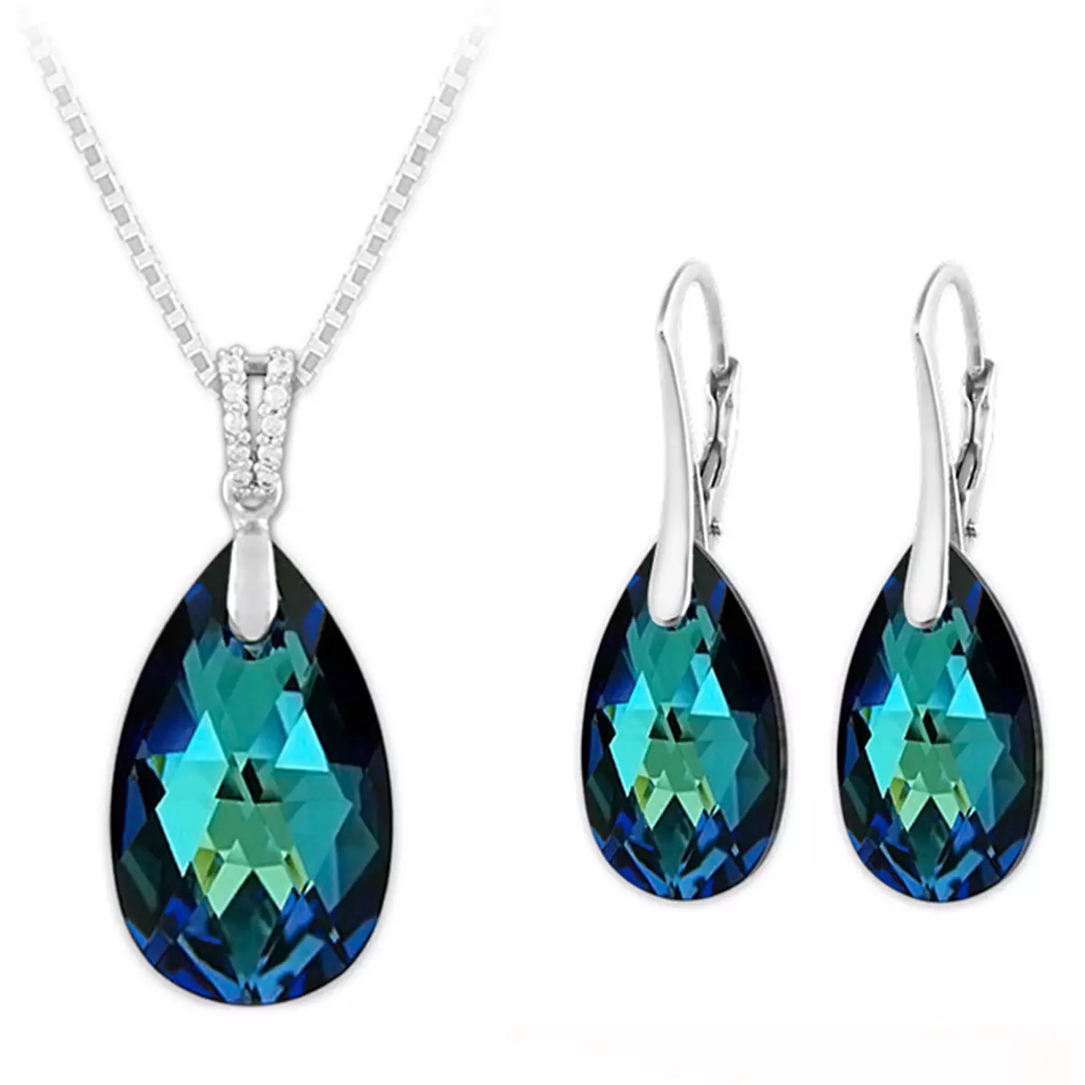 les trésors de lily Parure argent artisanales 'Sissi' bleu bermudes argenté (collier et boucles) 15x9 mm [Q4265]