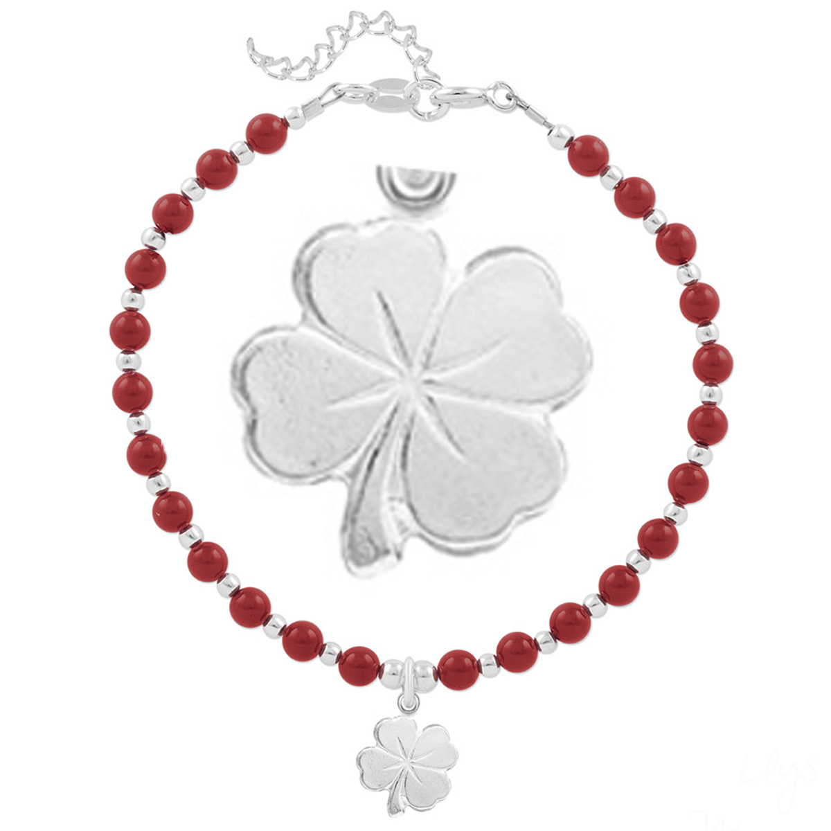 Bracelet argent artisanal \'Boho\' rouge argenté - perles 4 mm , trèfle 10x9 mm - [Q4285]