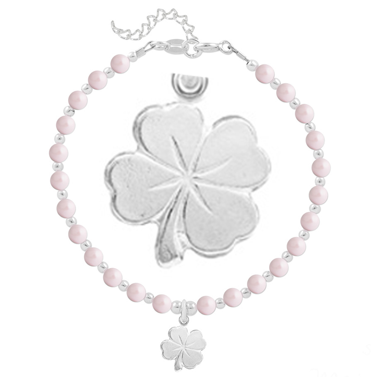 Bracelet argent artisanal \'Boho\' rose pâle argenté - perles 4 mm , trèfle 10x9 mm - [Q4286]