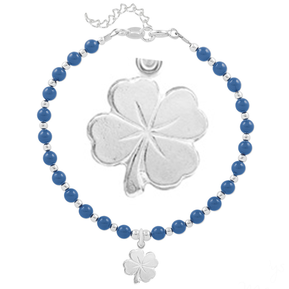 Bracelet argent artisanal \'Boho\' bleu argenté - perles 4 mm , trèfle 10x9 mm - [Q4687]