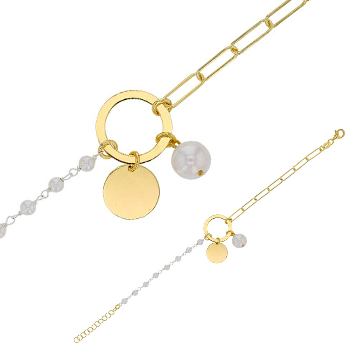 Bracelet Argent artisanal \'Cléopatra\' blanc  doré - 25x20 mm (trombone) - [R4983]