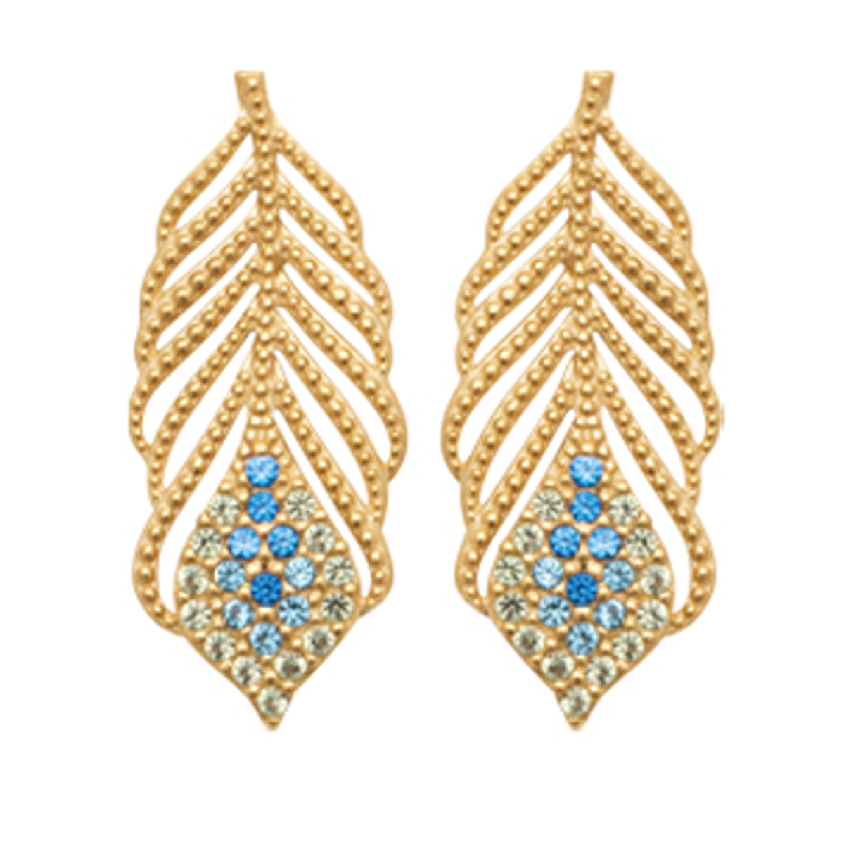 Boucles Plaqué Or \'Cléopatra\' bleu doré - 20x8 mm (plume) - [R5764]