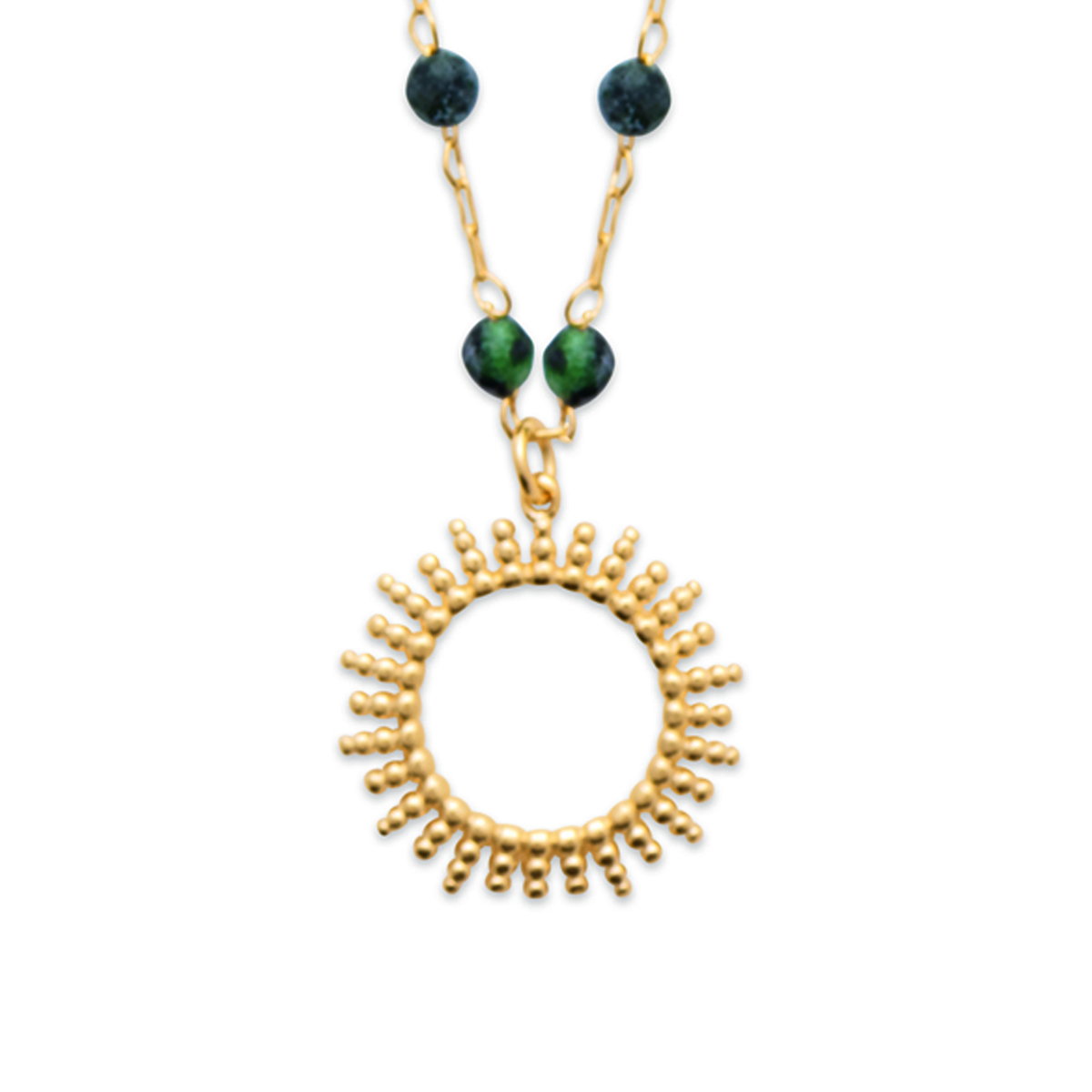 Collier Plaqué Or \'Cléopatra\' vert doré (rubis ziosite) - 16 mm (soleil) - [R5806]
