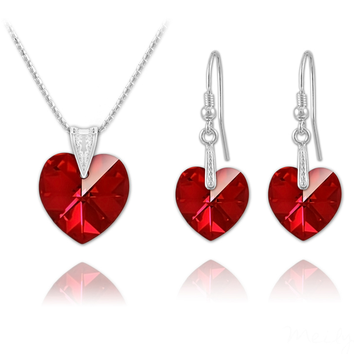 Parure argent artisanales \'Love\' rouge siam argenté (collier et boucles) - 18x18 mm - [R5864]