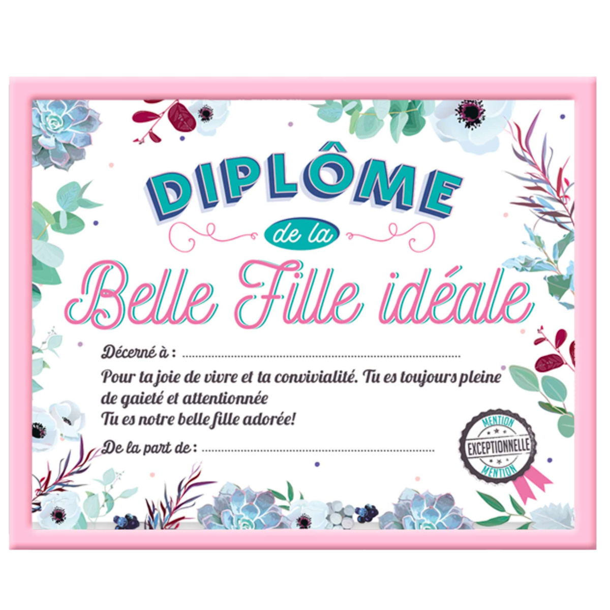 Cadre \'Diplôme de la Belle Fille idéale\' rose - 25x20x15 cm - [A0384]