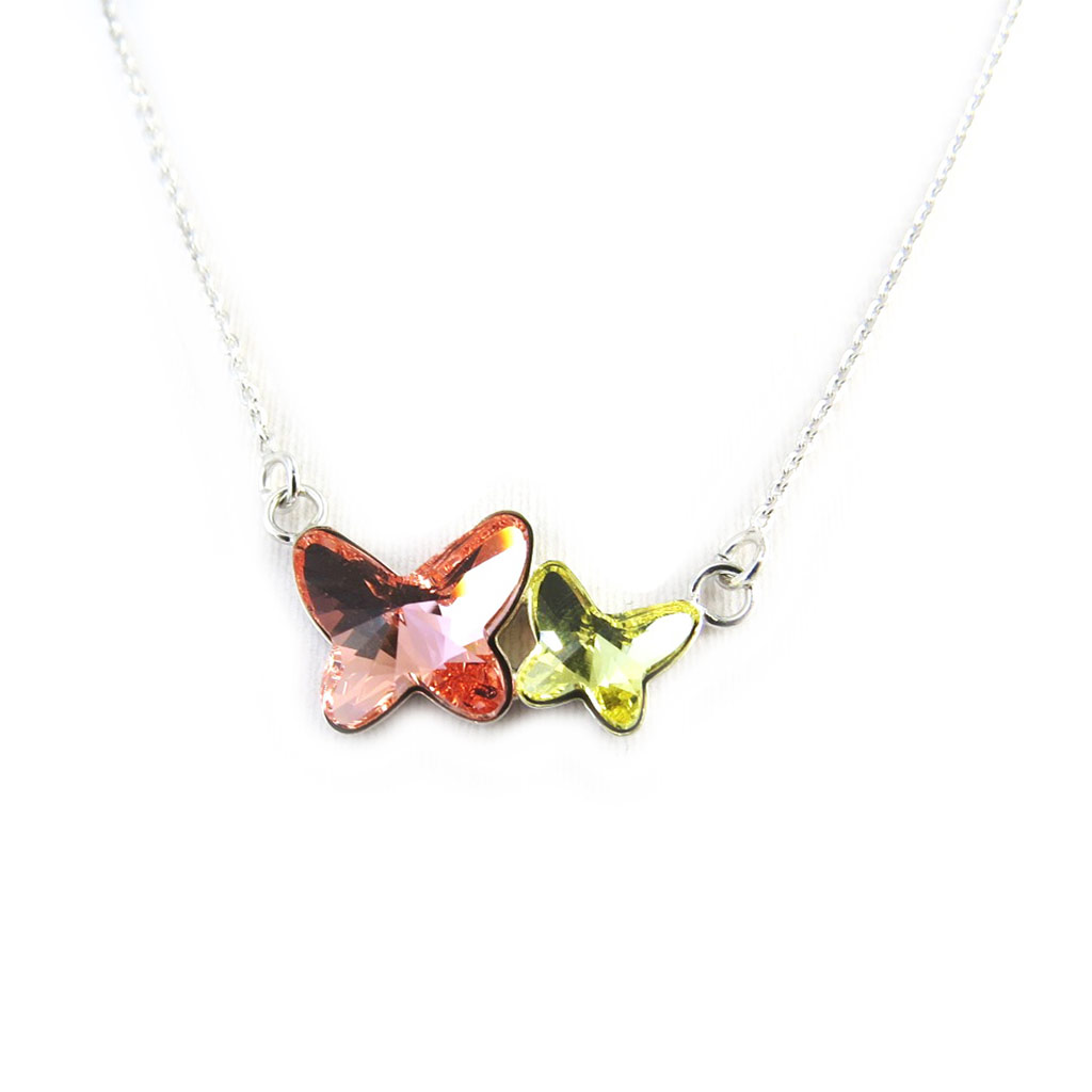 Collier Argent \'Papillons\' corail citron (Crystal) - 21x11 mm - [M2049]