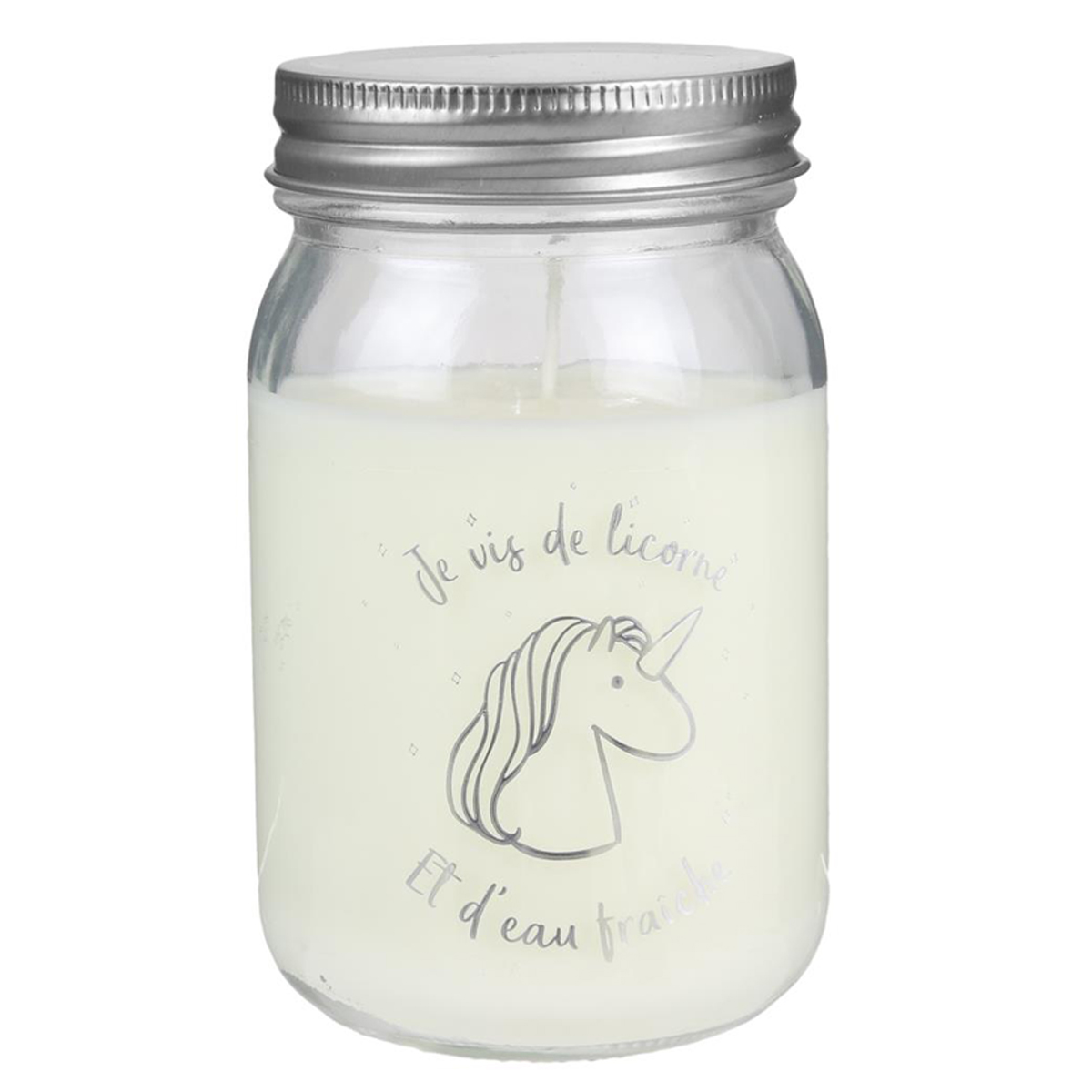 Bougie parfumée mason jar \'Licorne My Unicorn\' (Je vis de Licorne et d\'eau fraîche) - 127x75 cm - [Q3943]