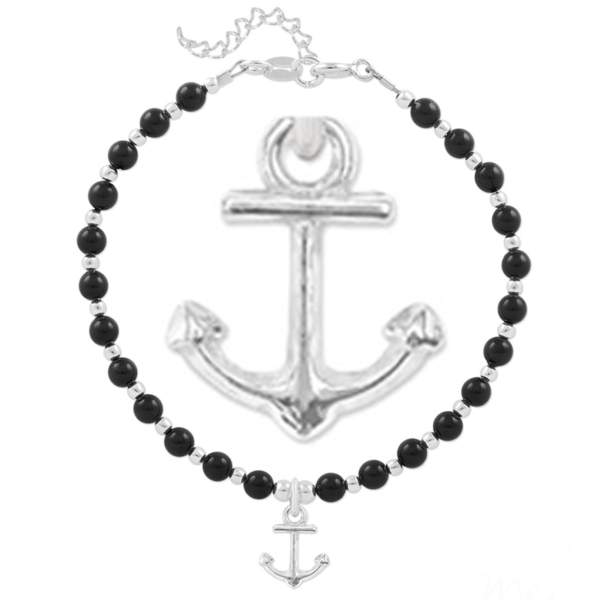Bracelet argent artisanal \'Boho\' noir argenté - perles 4 mm , ancre marine 10x10 mm - [Q4288]