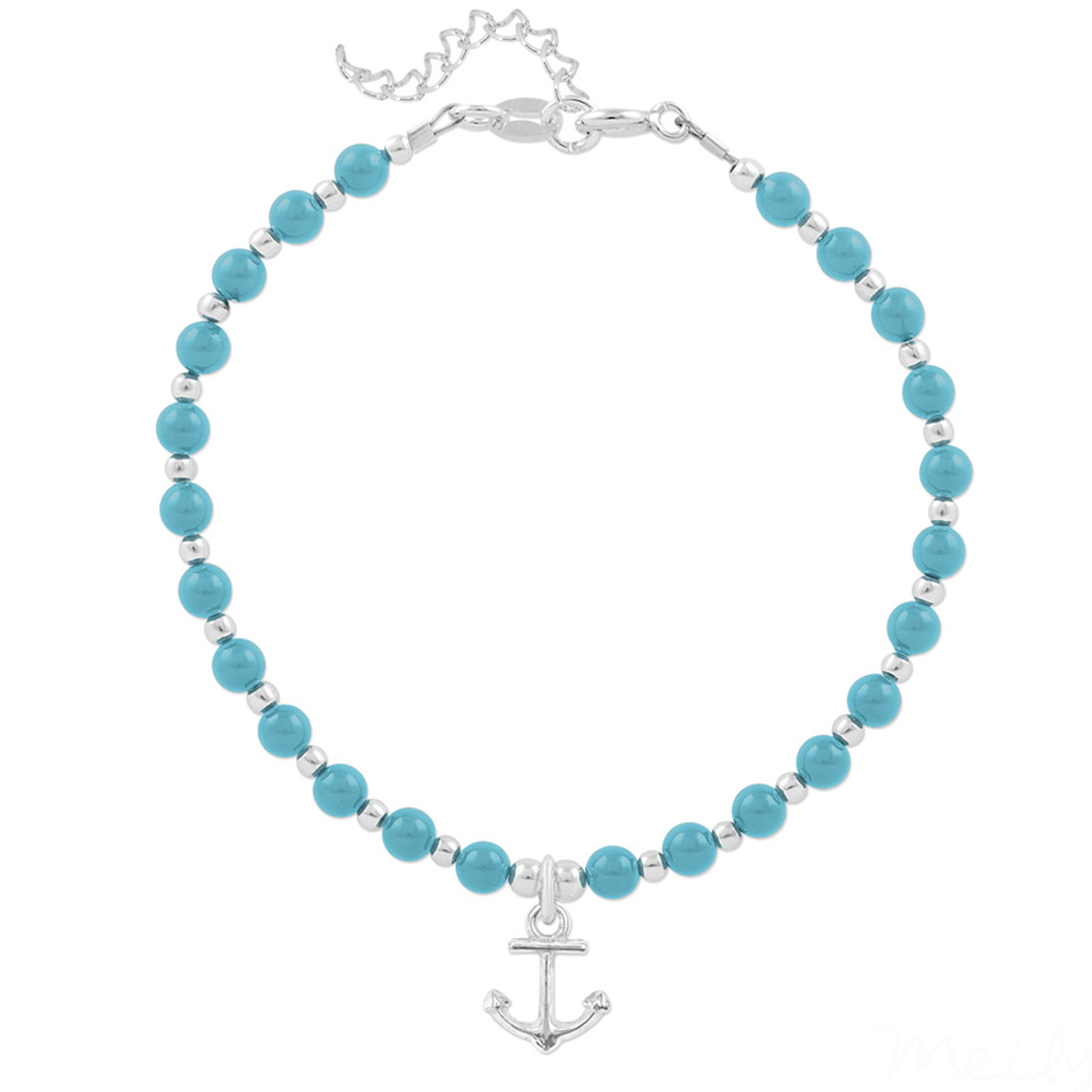 Bracelet argent artisanal \'Boho\' turquoise argenté - perles 4 mm , ancre marine 10x10 mm - [Q4289]