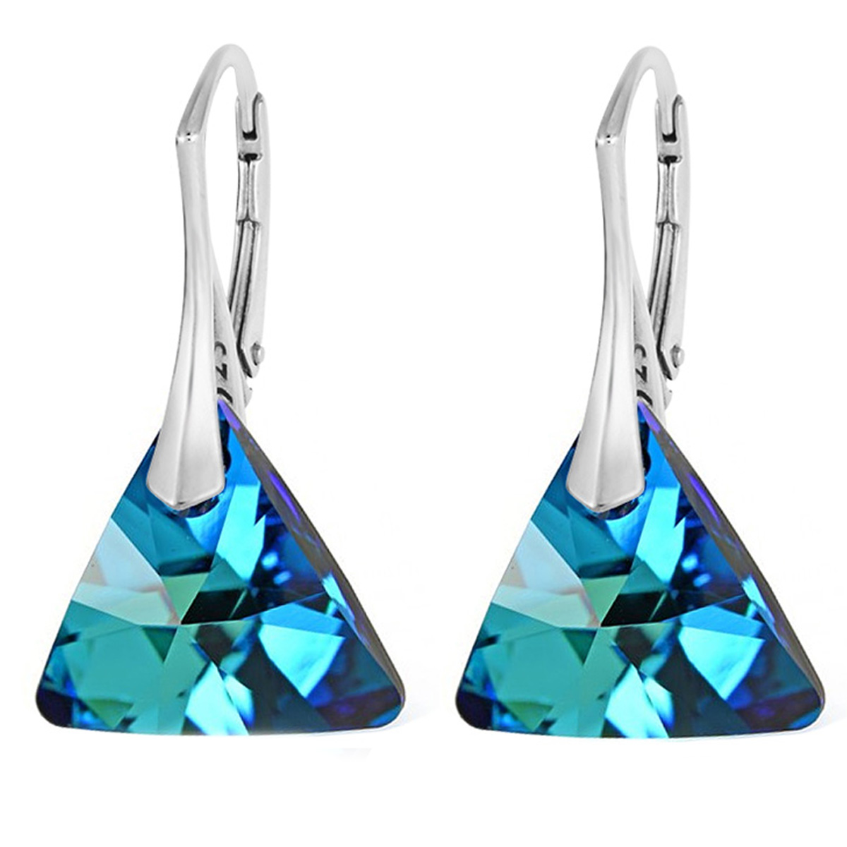 Dormeuses argent artisanales \'Sissi\' bleu bermudes argenté - 15x15 mm (triangle) - [Q4306]