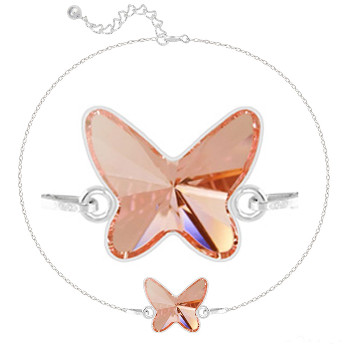 Bracelet argent artisanal \'Papillon\' rose pèche argenté - 12x10 mm - [Q4323]