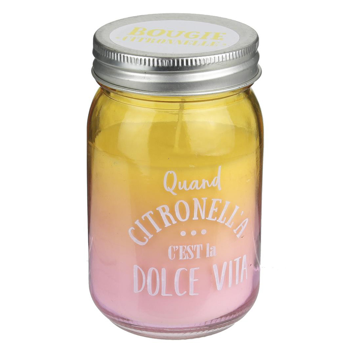 Bougie parfumée mason jar \'Citronnelle\' jaune rose (Quand citronella c\'est la dolce vita) - 13x75 cm - [Q4412]