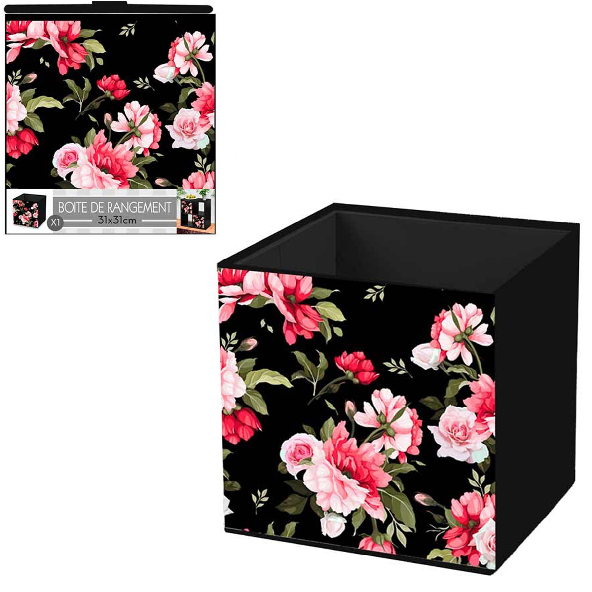 Cube de rangement \'Roses\' rose noir - 31x31 cm - [Q4495]
