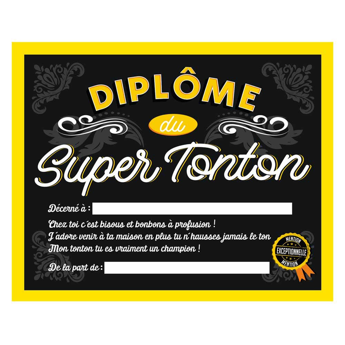 Cadre \'Diplôme du Super Tonton\' noir jaune - 25x20x15 cm - [Q7310]