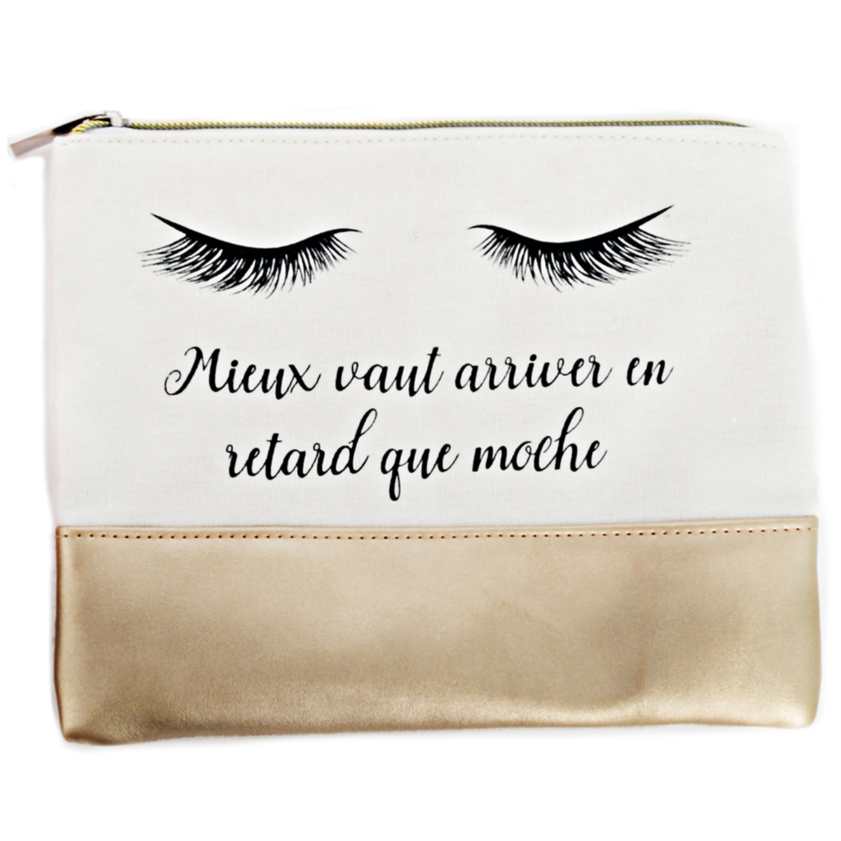Trousse plate \'Diva - Yeux Endormis\' blanc doré (Mieux vaut arriver en retard que moche) - 22x17 cm - [R0903]