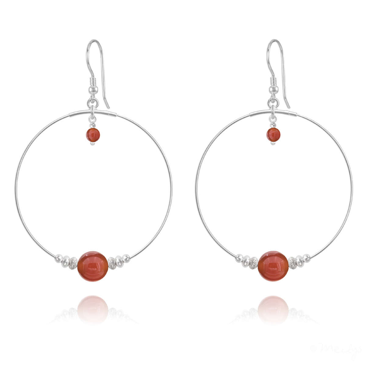 Boucles d\'oreilles argent artisanales \'Mineralia\' agate rouge argenté - 50 mm 8 mm - [R1050]