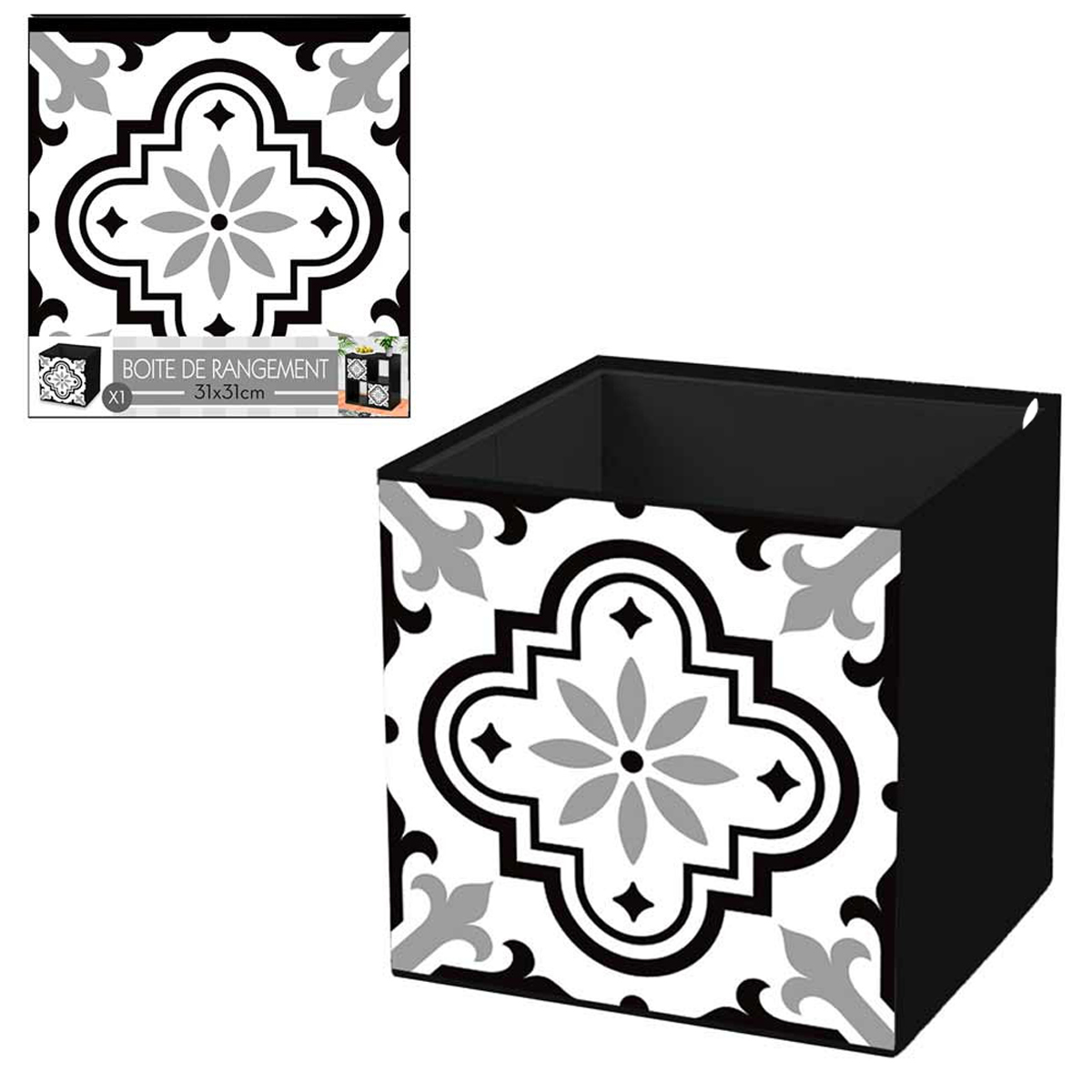 Cube de rangement \'Carreaux de Ciment\' noir blanc - 31x31 cm - [R2610]