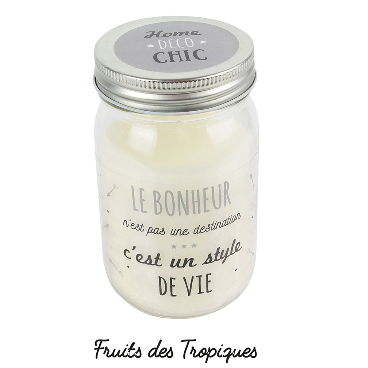 Bougie parfumée mason jar \'Messages\' beige (Le Bonheur n\'est pas une destination, c\'est un style de vie)- 13x75 cm (fruits des tropiques) - [R2860]