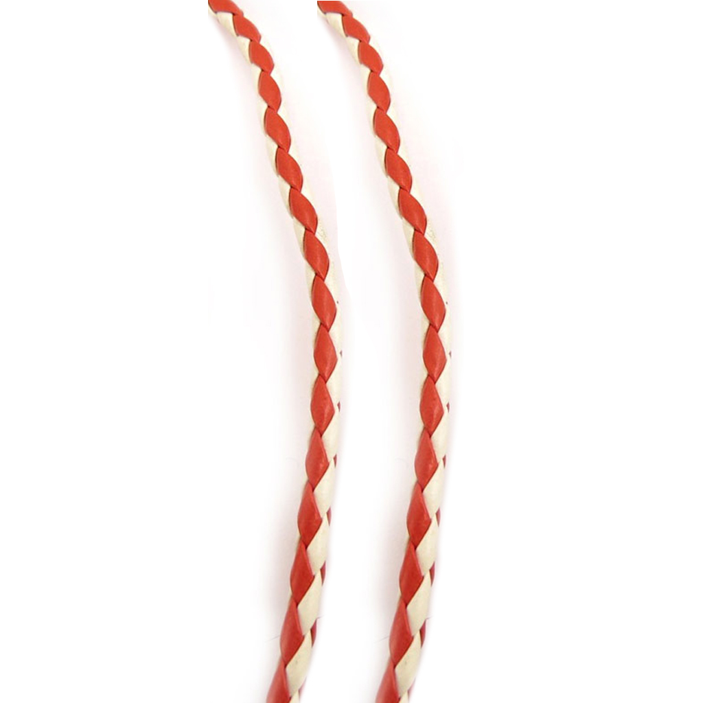 Cordon tressé acier \'Cuir\' rouge blanc - 45 cm 4 mm - [R4046]