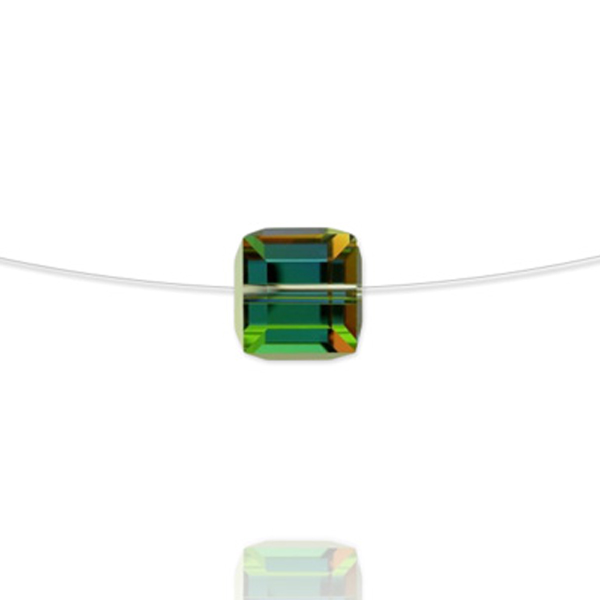 Collier cable argent artisanal \'Sissi\' vert vitrail argenté (cube) - 6 mm - [R5891]