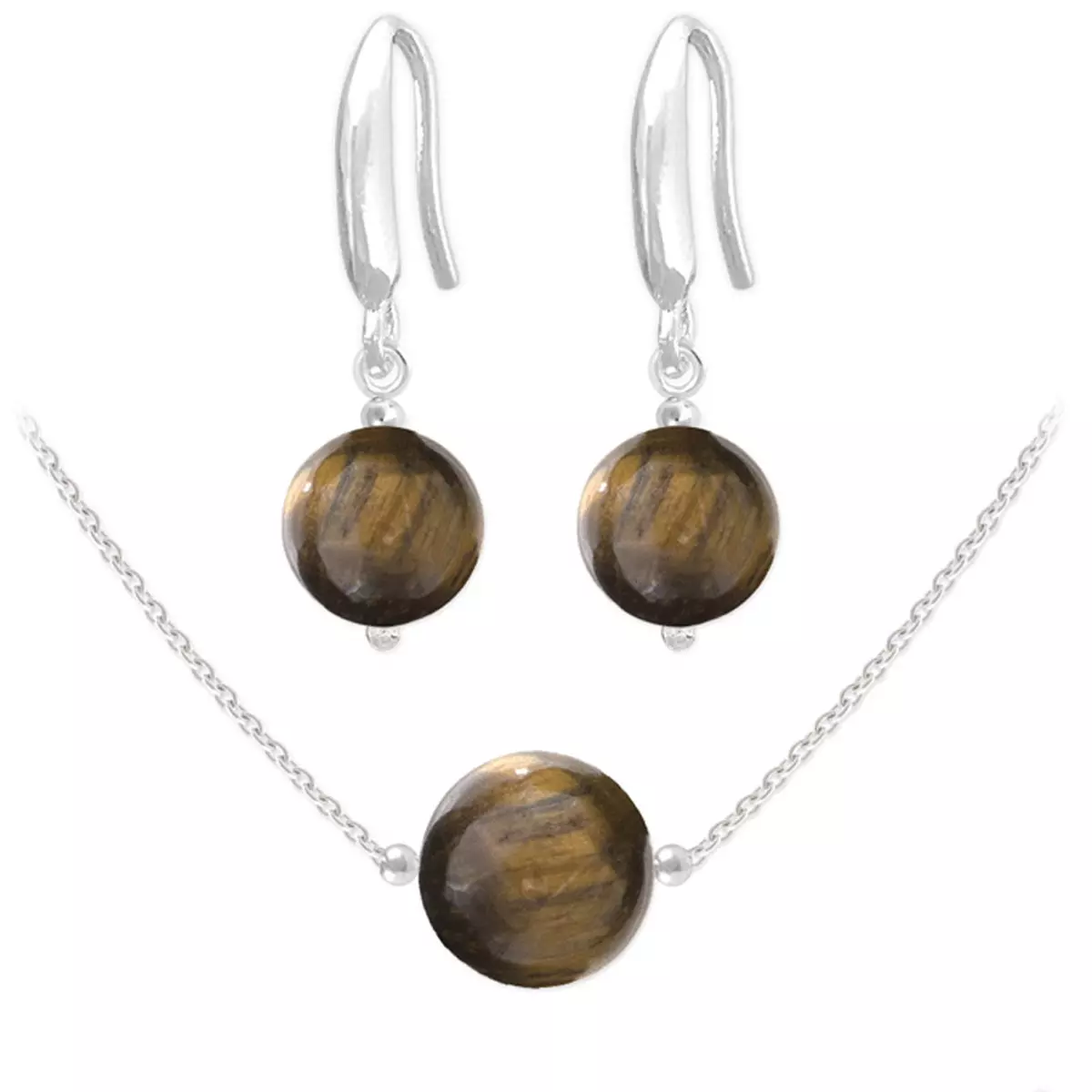les trésors de lily Parure argent artisanale 'Mineralia' oeil de tigre argenté (collier et boucles) 10 mm boucles 8 mm [R5953]