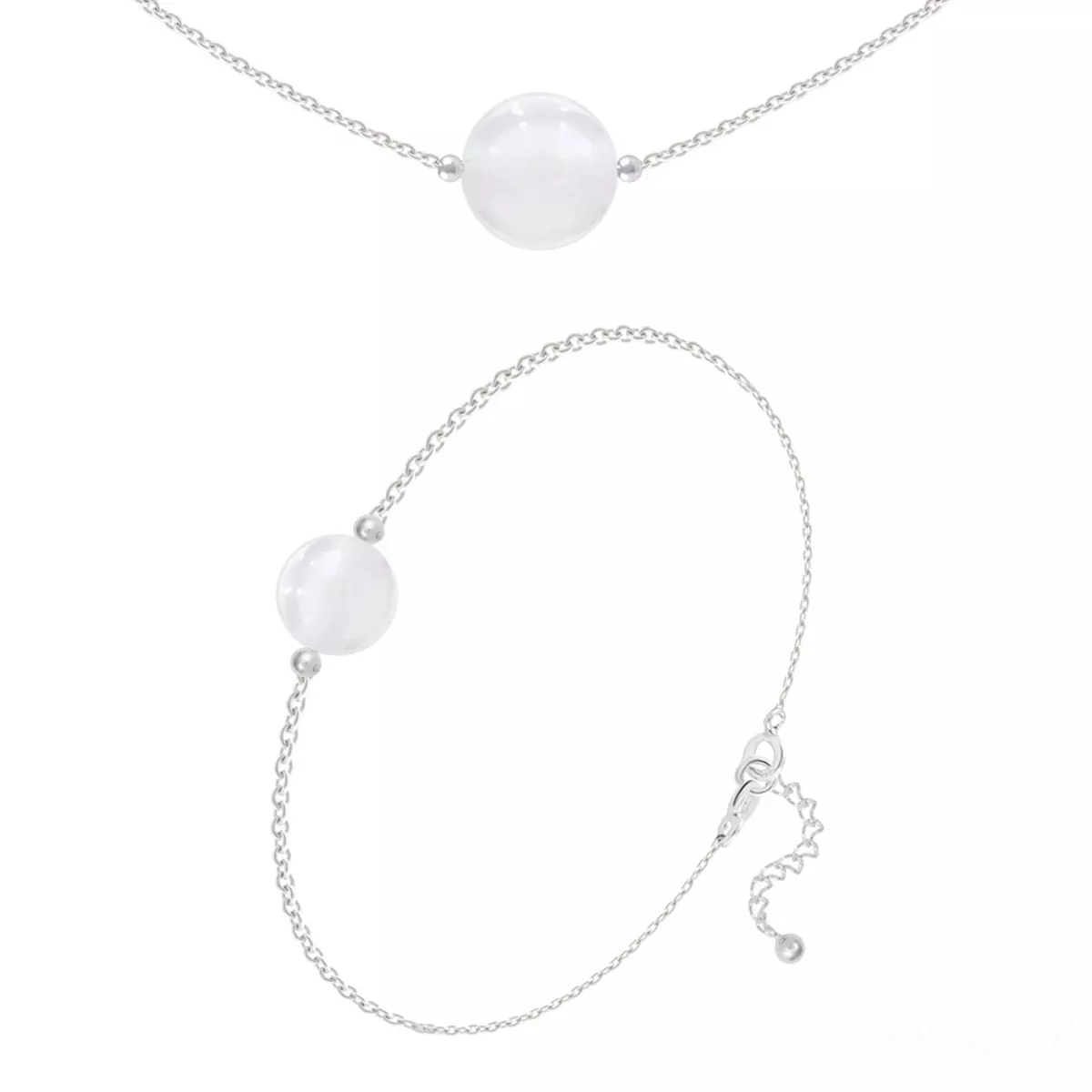 les trésors de lily Parure argent artisanal 'Mineralia' jade blanc argenté 10 et 8 mm (collier & bracelet) [R5979]