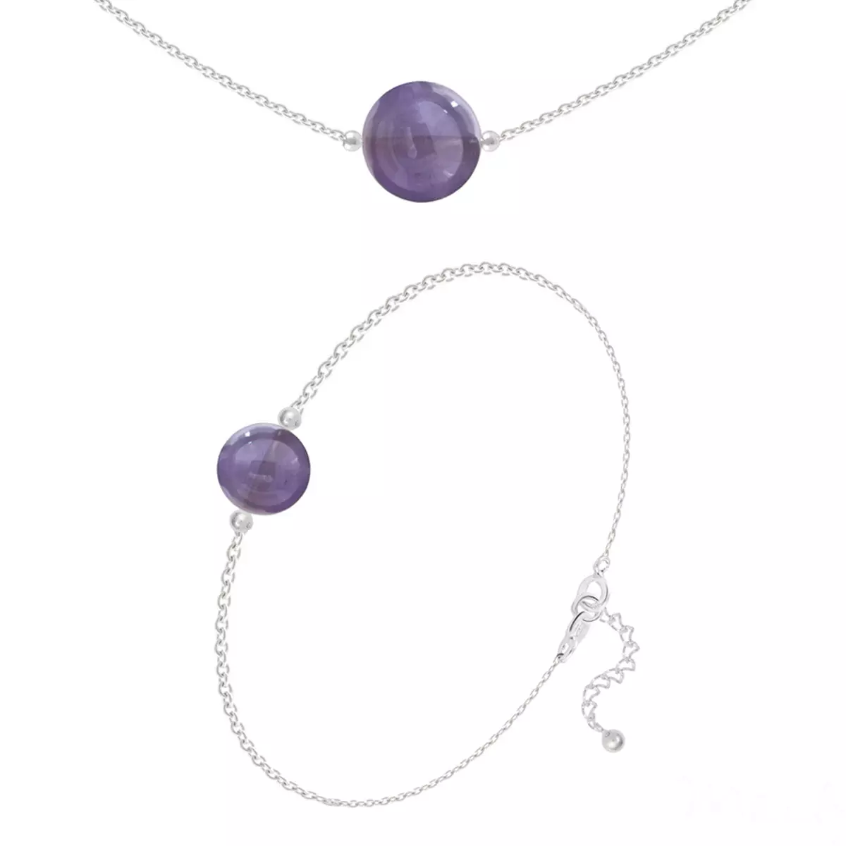 les trésors de lily Parure argent artisanal 'Mineralia' améthyste argenté 10 et 8 mm (collier & bracelet) [R5980]