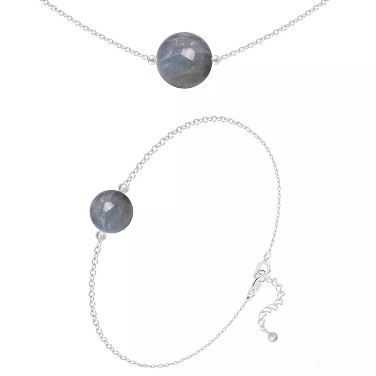 les trésors de lily Parure argent artisanal 'Mineralia' labradorite argenté 10 et 8 mm (collier & bracelet) [R5981]