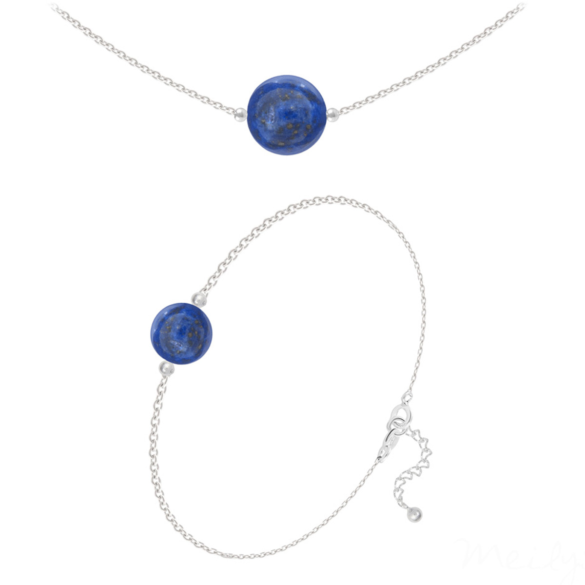 Parure argent artisanal \'Mineralia\' lapis lazuli argenté - 10 et 8 mm (collier & bracelet) - [R5982]