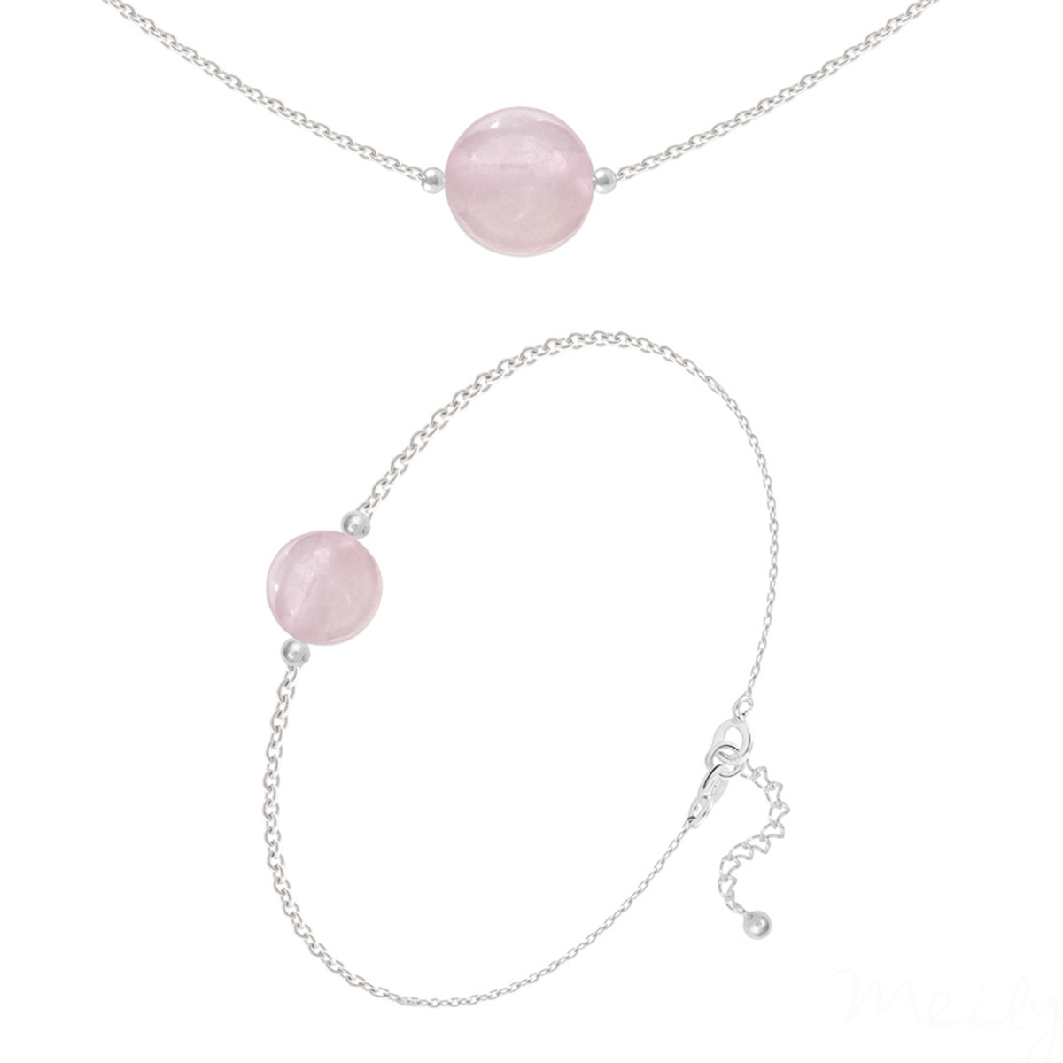 Parure argent artisanal \'Mineralia\' quartz rose argenté - 10 et 8 mm (collier & bracelet) - [R5983]