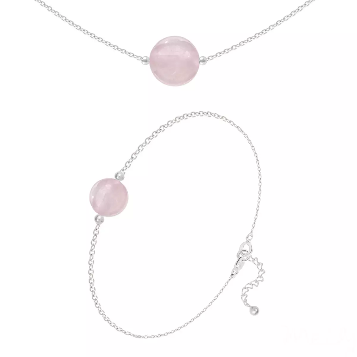 les trésors de lily Parure argent artisanal 'Mineralia' quartz rose argenté 10 et 8 mm (collier & bracelet) [R5983]