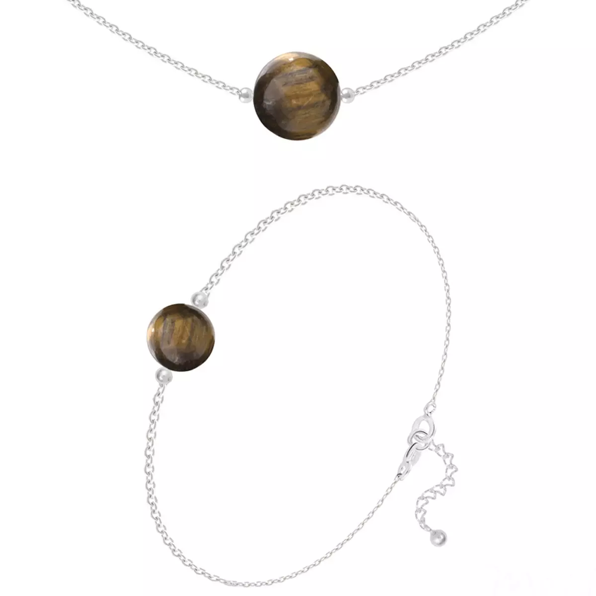 les trésors de lily Parure argent artisanal 'Mineralia' pierre de lune argenté 10 et 8 mm (collier & bracelet) [R5986]