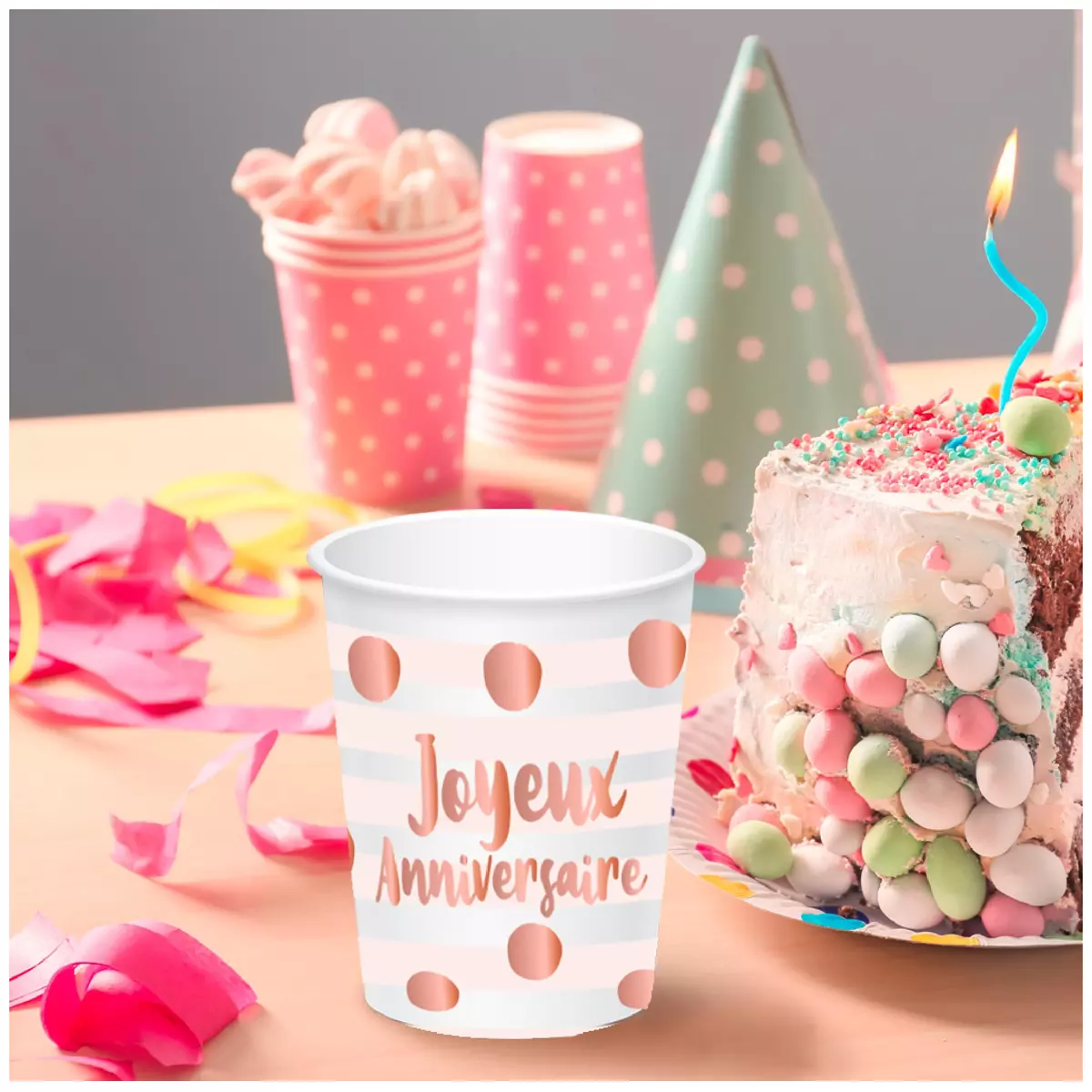 les trésors de lily 6 gobelets carton 'Joyeux Anniversaire' blanc rosé (blush) 85x75 mm (25 cl) [A0762]