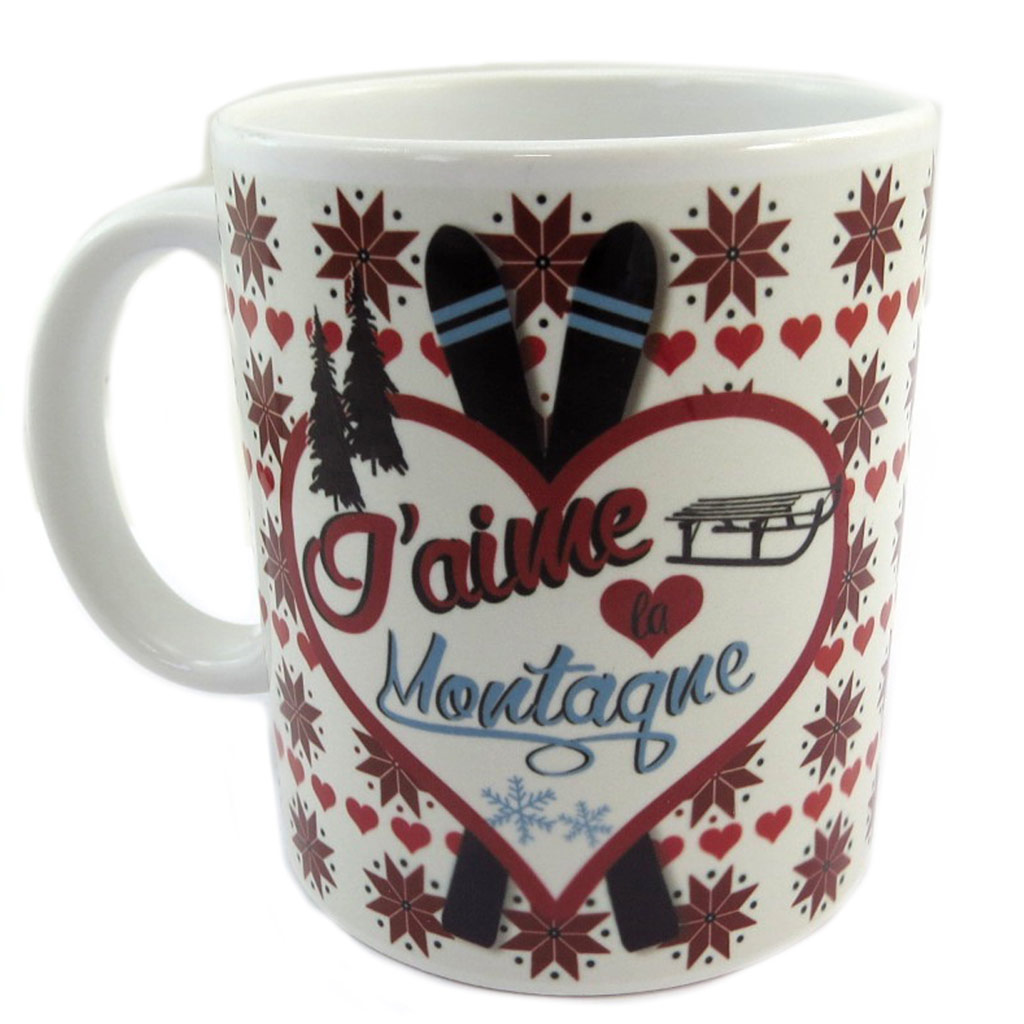 Mug céramique \'J\'aime la Montagne\' blanc rouge (Made in France) - hauteur 95 cm diamètre 8 cm - [P9086]