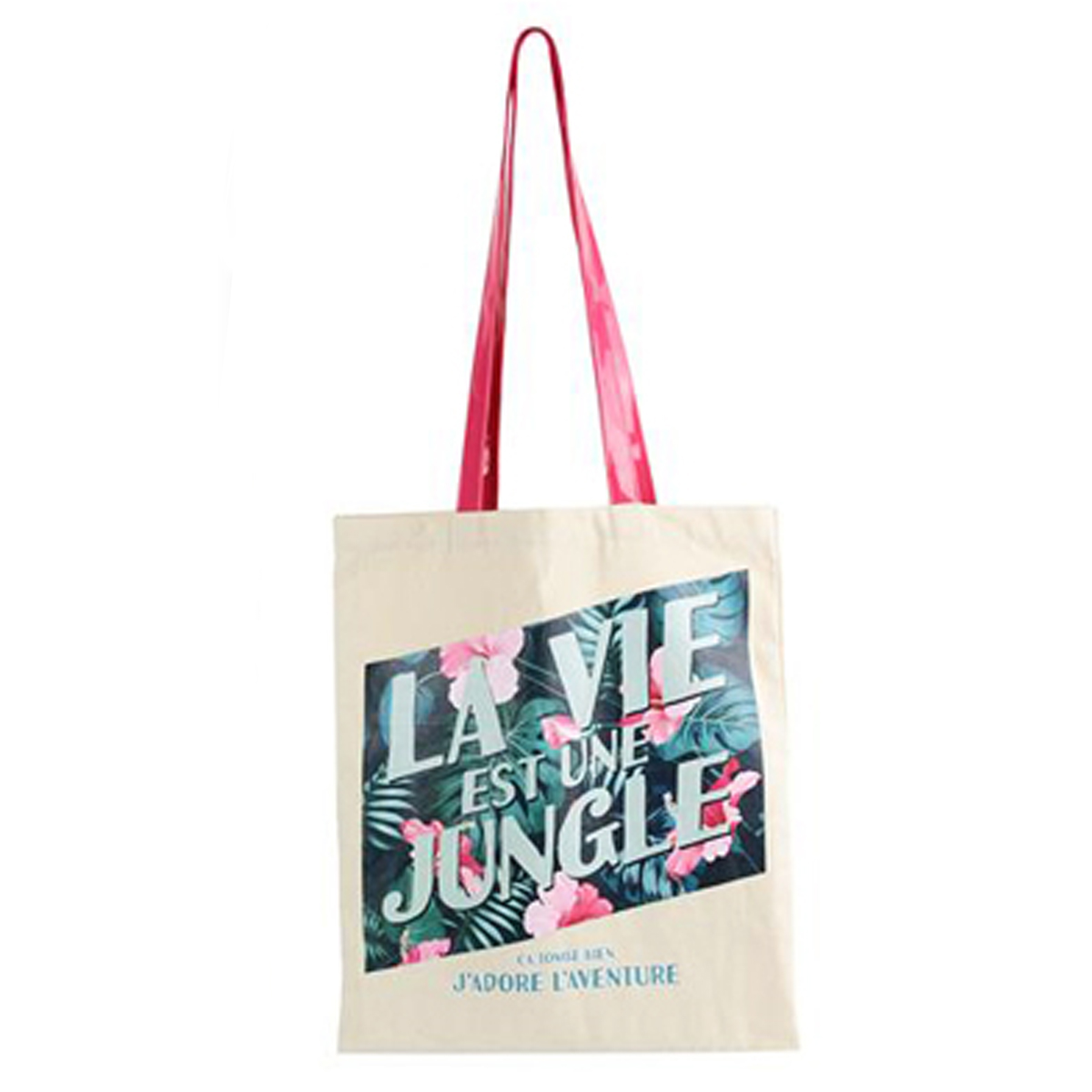 Sac coton / Tote bag \'Messages\' beige tropical (La vie est une jungle, ça tombe bien j\'adore l\'Aventure) -  40x34 cm - [Q8105]