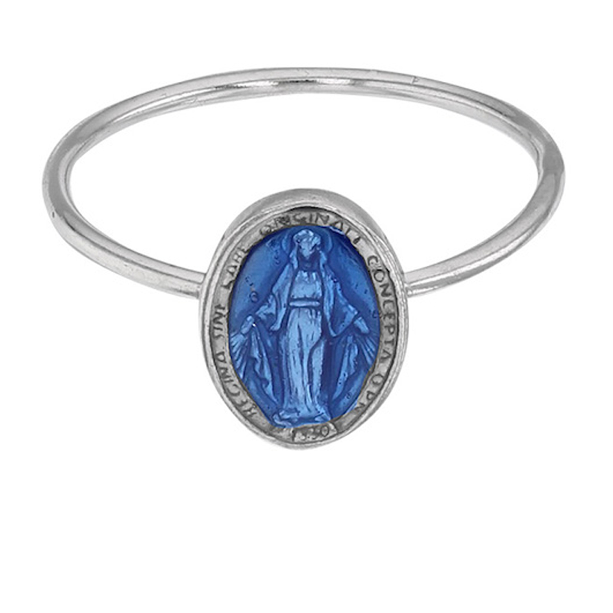 Bague artisanale Argent \'Vierge Marie\' bleu argenté (rhodié) - 10x8 mm - [R6028]