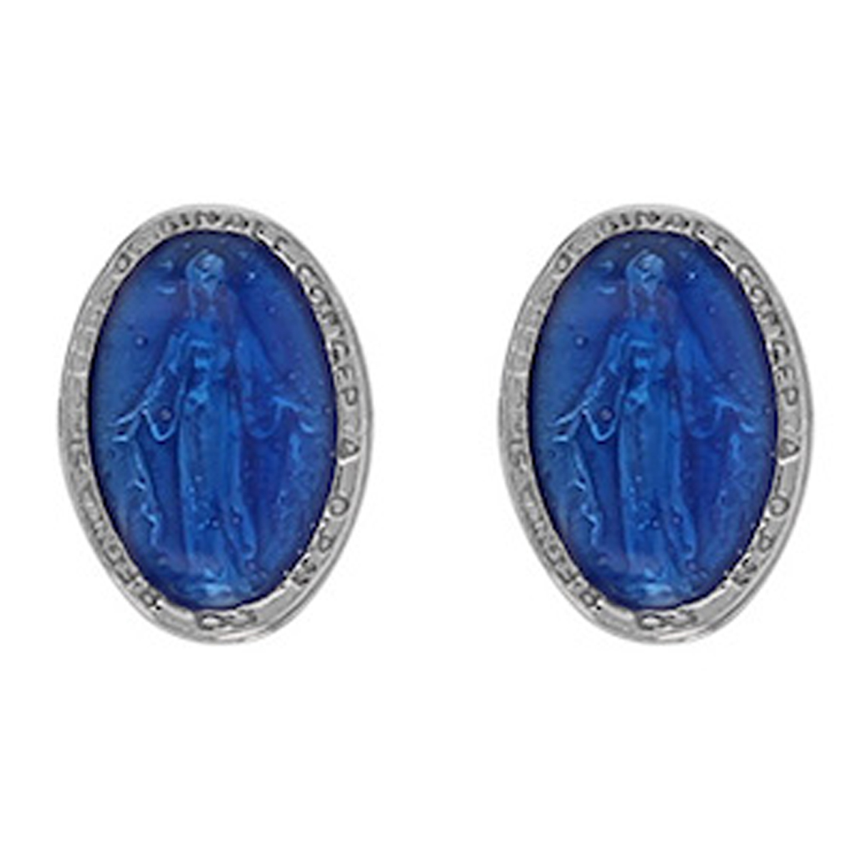 Boucles artisanales Argent \'Vierge Marie\' bleu argenté (rhodié) - 10x7 mm - [R6030]