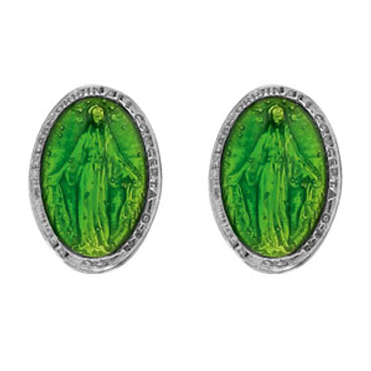 Boucles artisanales Argent \'Vierge Marie\' vert argenté (rhodié) - 10x7 mm - [R6033]
