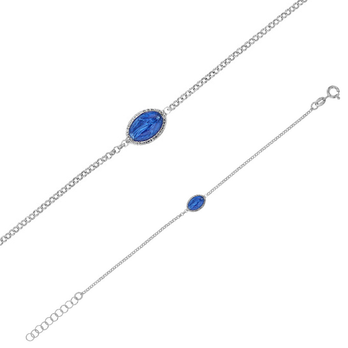Bracelet Argent artisanal \'Vierge Marie\' bleu argenté (rhodié) - 10x7 mm - [R6036]