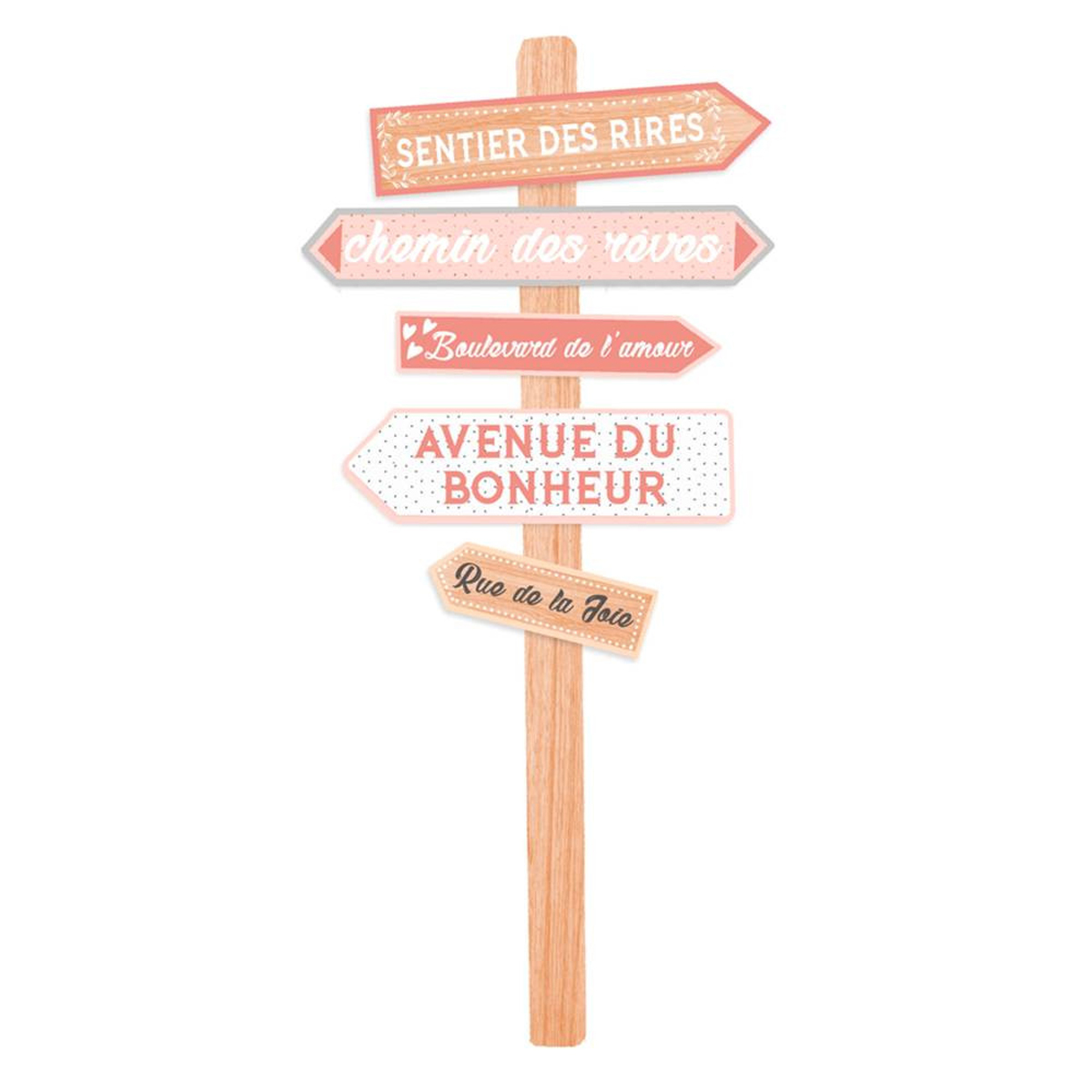 Plaque bois \'Panneaux d\'Orientation\' rose (Rire, rêves, amour, bonheur, joie) - 83x36 cm - [R2281]