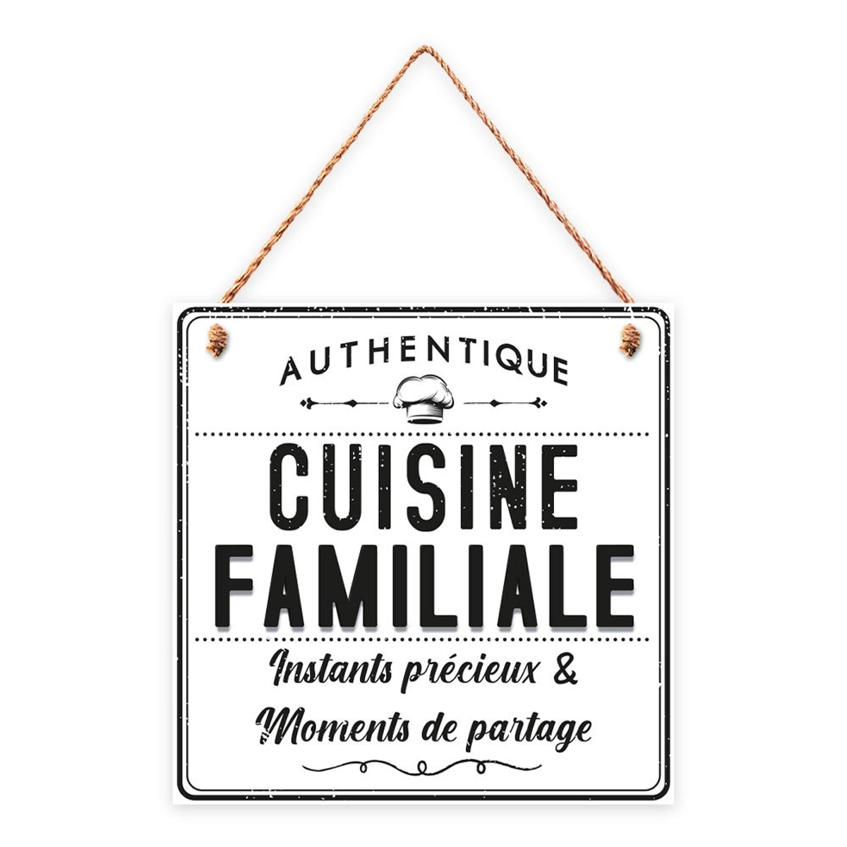 Plaque bois \'Messages\' blanc (Authentique Cuisine Familiale, instants précieux et moments de partage) - 20x20 cm - [R4585]