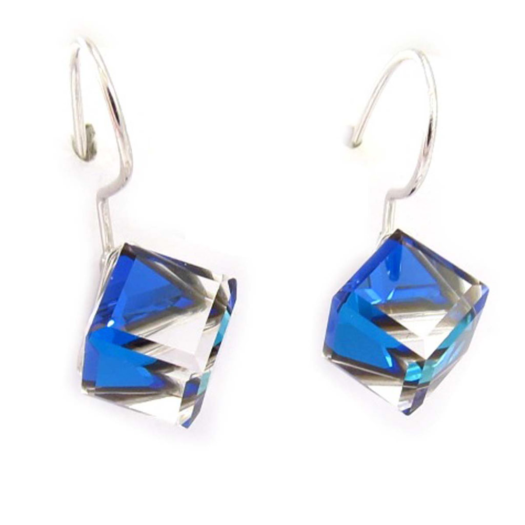 Boucles Argent \'Cristal\' bleu boréal - 8x8 mm - [K5423]